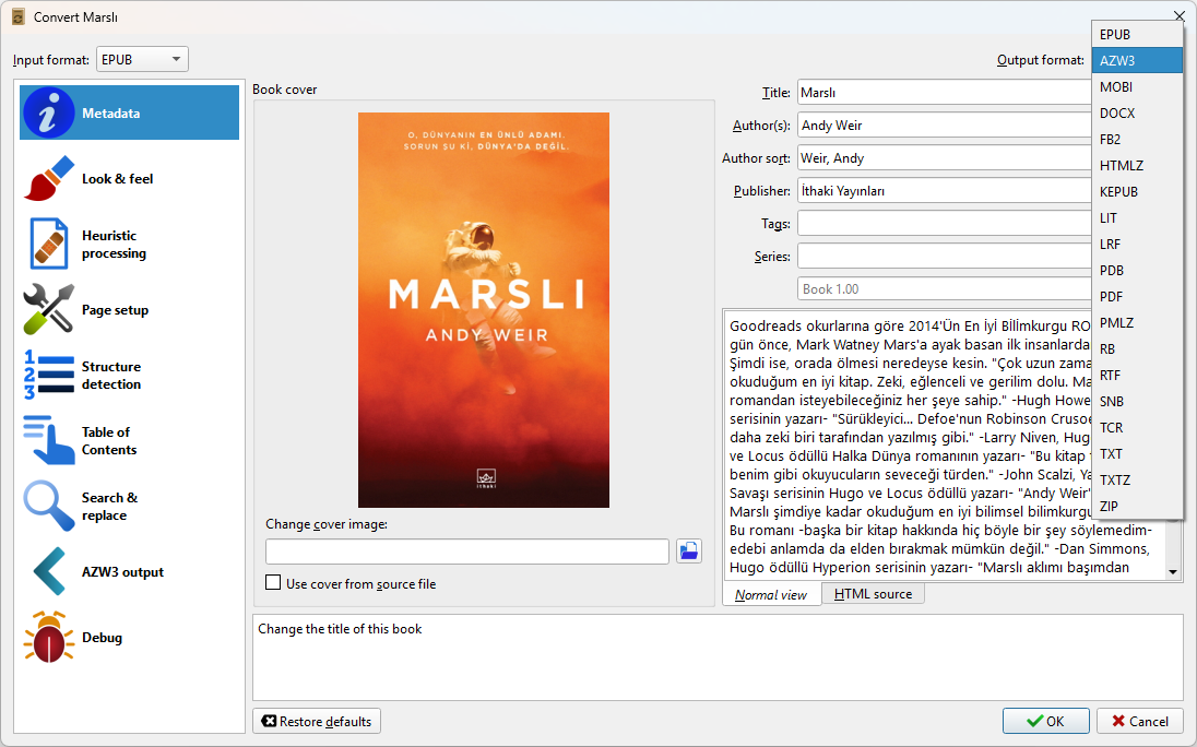 Calibre Kitap Dönüştürme Ekranı